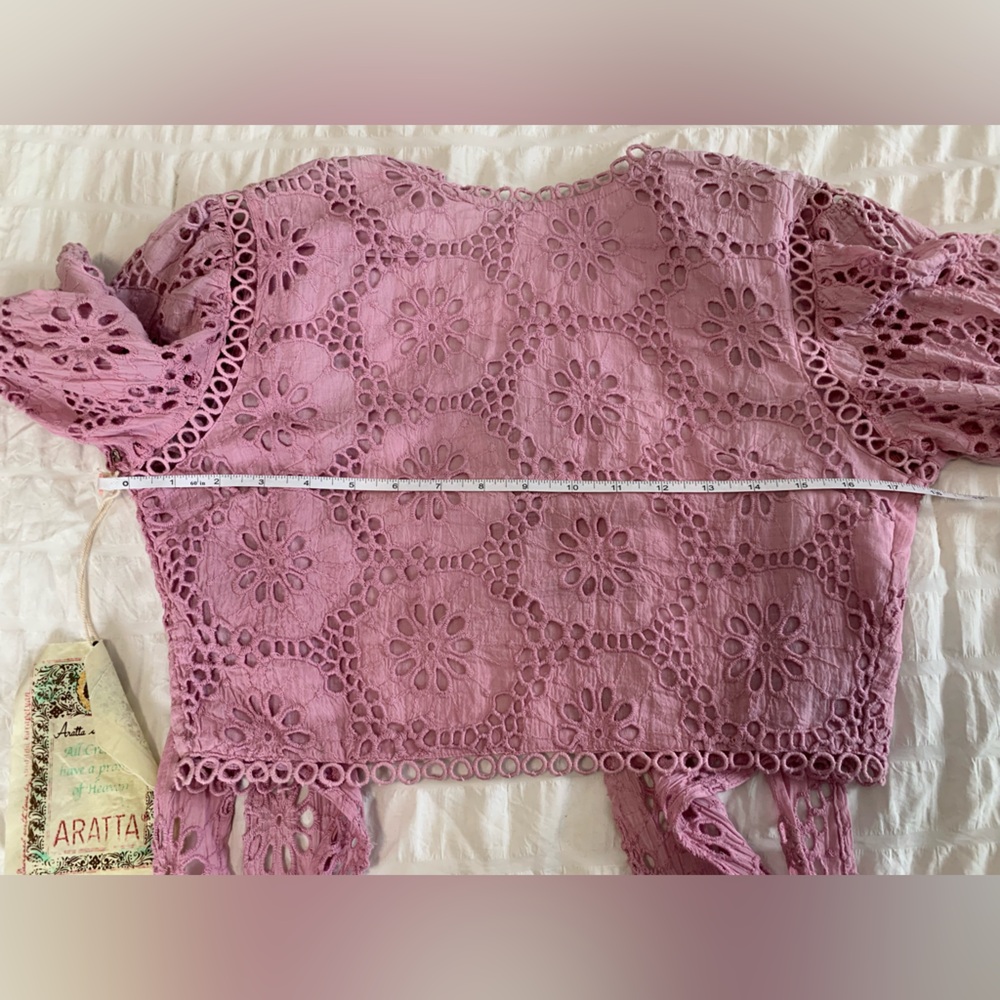 NWT Aratta Lace Crochet Puff Sleeve Crop Top - Dusty Rose - Picture 8 of 16